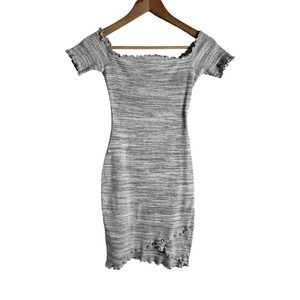 May Pink Grey Space Dye Ribbed Off Shoulder Lettuce Edge Bodycon Mini Dress